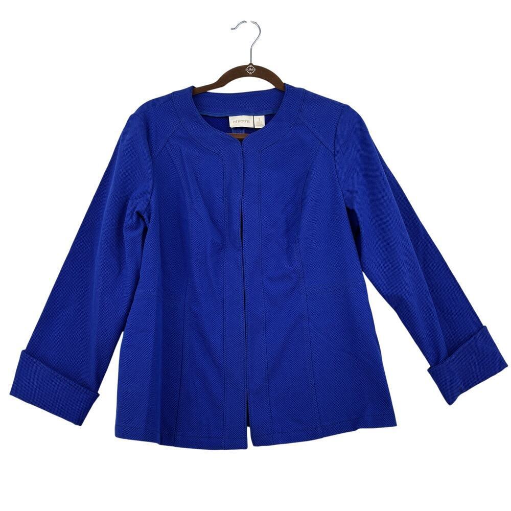 Chico's Blazer Jacket Size M Blue Textured Stretch Hook and Eye Closures